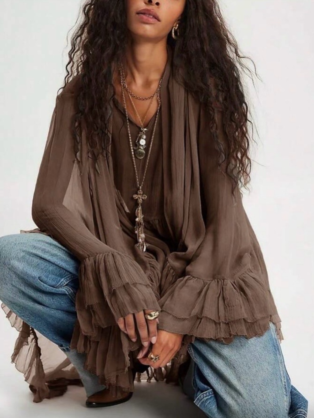 Boho Ruffle Sheer Blouse - Brown - Picture 3 of 3